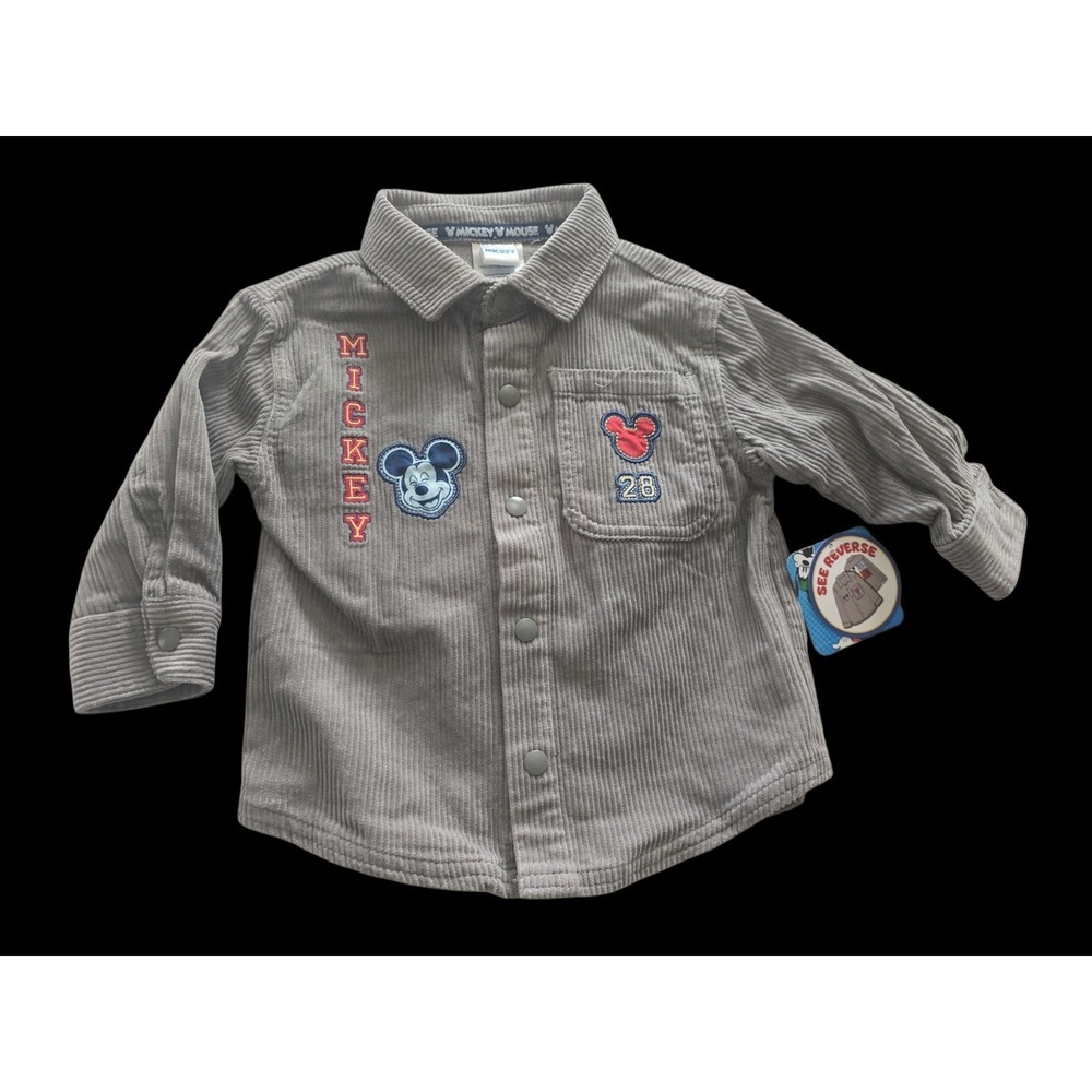 Disney Mickey Mouse Friends 18M Boysโ Grey Corduroy Button Down Shirt NWT